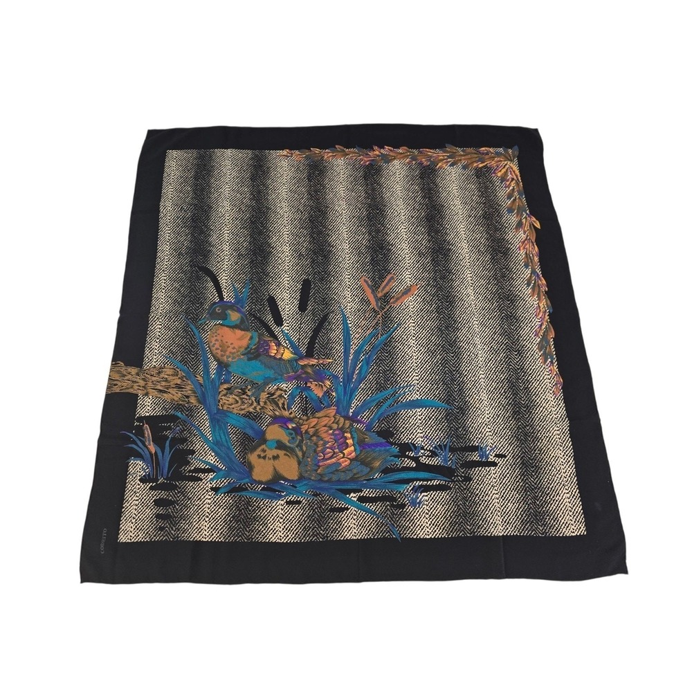 Codello Silk Scarf Ducks Bird Wildlife Nature Print Navy Blue Vintage Square 31"
